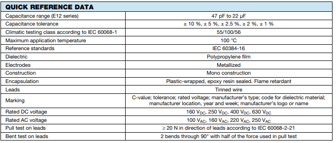 VISHAY MKP1839電壓電容器501V to 2000V參數(shù)