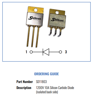 SD11803高溫1200V碳化硅肖特基二極管Solitron