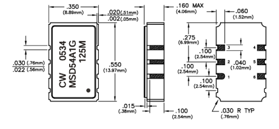 MSD5xA1G系列3.3V晶體控制振蕩器(XO)Connor Winfield 尺寸圖